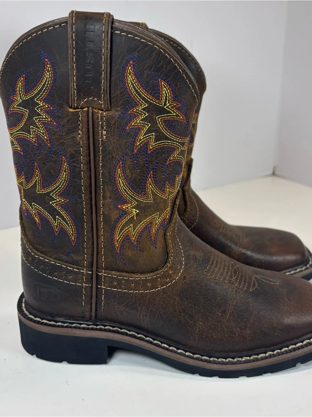 Justin Embroidered Western Boots Junior Sz 12.5 D Brown Leather Kids Square Toe